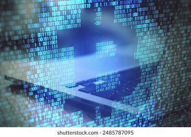 Close up of blue binary coding hologram with bitcoin outline on blurry workplace background. Digital money and cryptocurrency concept. Double exposure