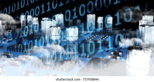 Close up of blue circuit board against clouds around binary codes