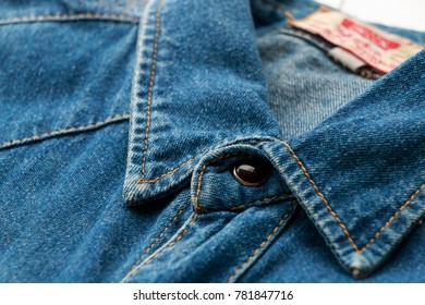 Close Up Blue Denim Shirt Background Texture