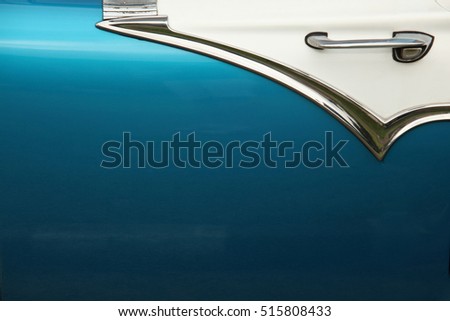 Close up of a blue door of a 1950's classic car, in Havana, Cuba. 