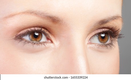 Close Up Blue Eye With Natural Makeup Looking At The Side, Macro Shot With Perfect Skin