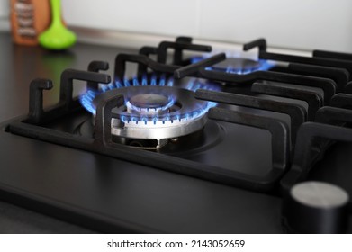 Close up of blue fire from the kitchen hob with propane gas. Stove. Gas crisis. Rising prices.