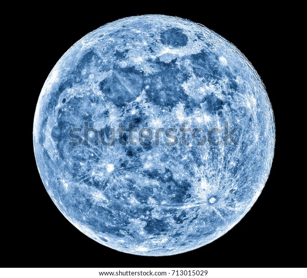 Close up of Blue moon seen with the telescope\
from northern hemisphere. Showing detail of moon surface. Full moon\
Isolated background.