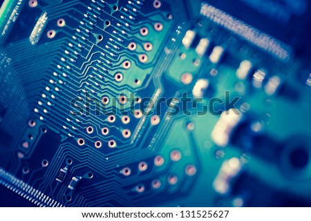 Close up of blue Printed Circuit Board