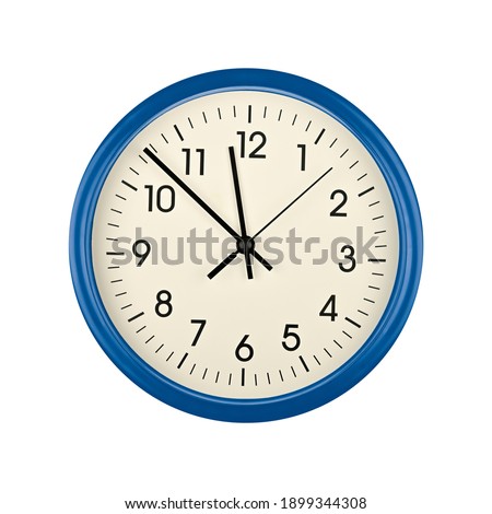 Close up blue wall clock face dial with Arabic numerals, hour, minute and second hands isolated on white background