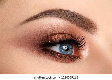 Nahaufnahme des blauen Frauenauges mit schönen braunen Augen mit Rot- und Orangentönen. Moderne Mode macht das Ganze aus.