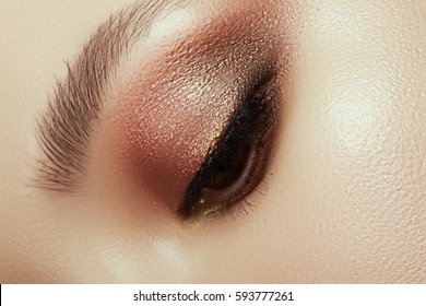 Close Up Of Blue Woman Eye With Beautiful Brown With Red And Gold Shades Smokey Eyes Makeup. Modern Fashion Make Up