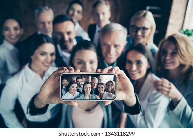 Close Up Blurry Photo Business People Different Age Race Free Time Excited Team Building Hug Embrace Cuddle She Her He Him His Telephone Smart Phone Make Take Selfies  Formal Wear Jackets Shirts