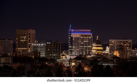 Close up of the Boise Idaho sky line at night with lights on