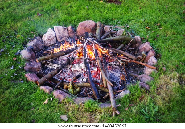 Close Bonfire Fire Pit Made Stones Royalty Free Stock Image