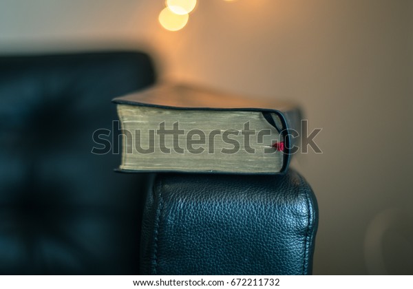 Close book lying on the\
leather sofa