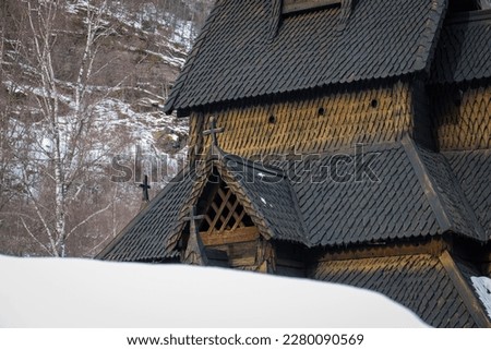 Close up of the Borgund Stave Church during winter. A stave church is a medieval wooden Christian church building once common in north-western Europe. 