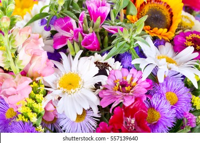 Close Up Of Bouquet Of Various Summer Flowers As Background.