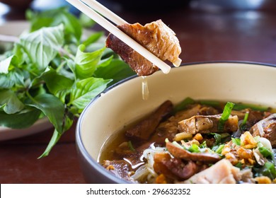 Close Up Of A Bowl Of Chinese Style Beef Noodle Soup.