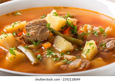 Close Up Of Bowl Of Vegetable Beef Soup 