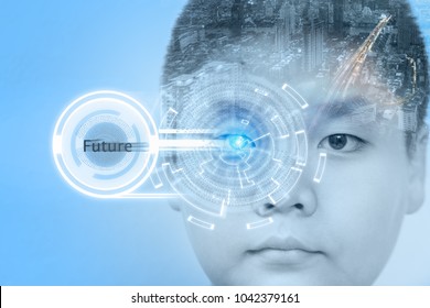 Close up of boy eye in process of scanning
