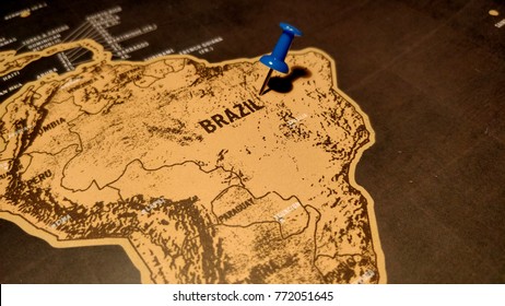 Close Up Of Brazil Map With Blue Pin.