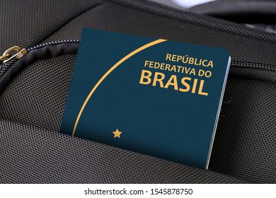 Close Up Of Brazil Passport In Black Suitcase Pocket 