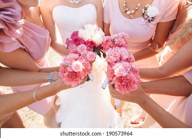Close up of bride and bridesmaids bouquets