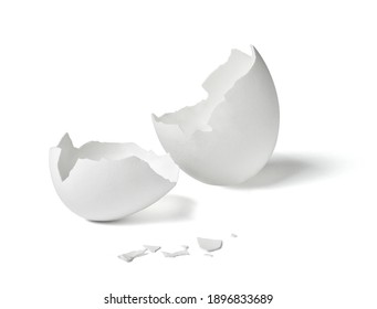 Close up of a broken white eggshell on white background