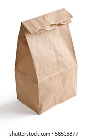 Close Up Of Brown Lunch Bag Isolated On White Background.