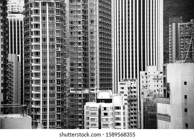 Close Up Of Buildings And Windows In Hog Kong In Black And White 