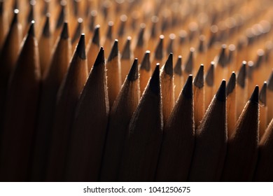 Close Up Of Bunch Of Identical Sharp Graphite Pencils With Shallow Depth Of Field. . Studio Shot. Concept Of Uniformity. Concept Of Similarity.