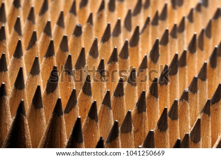 Close Up of bunch of identical sharp graphite pencils. Studio shot. Concept of uniformity. Concept of similarity.