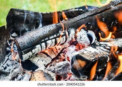 Close up burning logs in a fire. Macro shooting of flames. Close-up tongues of flame fire. Logs burn in the campfire. Close-up of firewood, coals and in a barbecue on a background of green grass.
