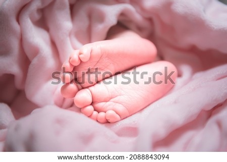 Close up and burred soft images, Feet of 7-day-old Asian baby newborn on pink blanket, which has pink skin, to child and baby newborn concept.
