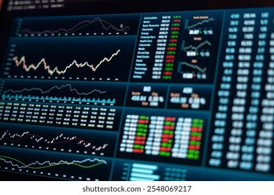 Close up business data on a notebook screen. Stock market trading  information, chart, graph and index data. 