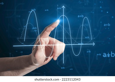 Close up of business man hand pointing at abstract glowing mathematical formula graph on blue background. Equation, digital data and mathematics app concept