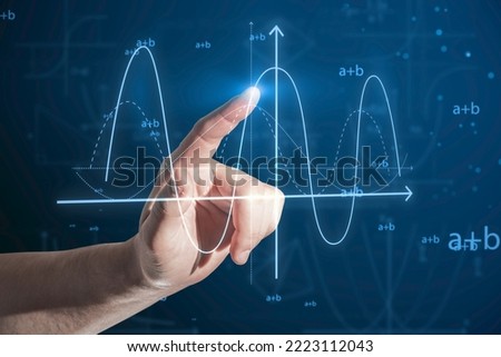 Close up of business man hand pointing at abstract glowing mathematical formula graph on blue background. Equation, digital data and mathematics app concept
