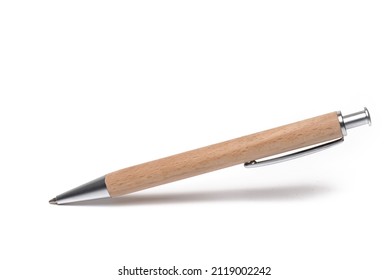 Close up of business pen covered with wood with shadow on white background