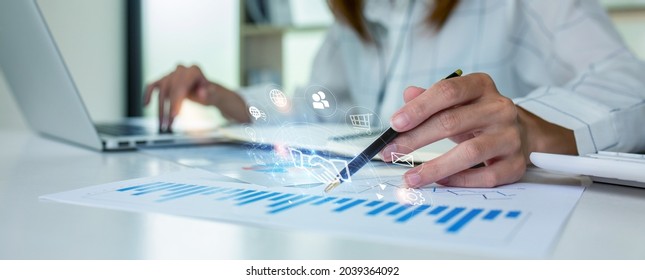 Close up of Business woman accountant or financial expert coins double exposure analyze business report graph finance chart corporate finance economy banking business stock market research concept. - Shutterstock ID 2039364092