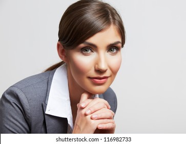 Close Up Business Woman Face Portrait Isolated On White Background. Smiling Female Model Office Suit Dressed.