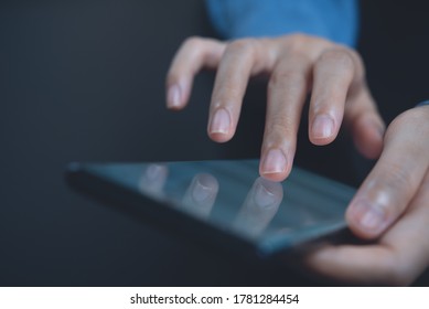 Close up of business woman hand using, touching on blank mobile smart phone screen, social media, internet payment, online shopping, internet technology concept