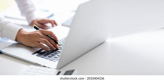 Close Up Of Business Woman Hands Multitasking Man Using Laptop Connecting Wifi