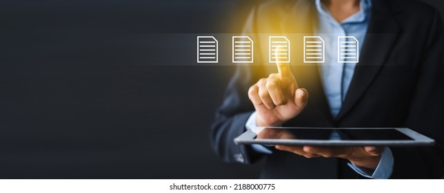 Close Up Business Woman Touching On Files Icon, Online Documentation Database Digital File Storage System Software Records Keeping Database Technology File Access Doc Sharing.