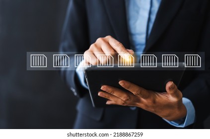 Close Up Business Woman Touching On Files Icon, Online Documentation Database Digital File Storage System Software Records Keeping Database Technology File Access Doc Sharing.