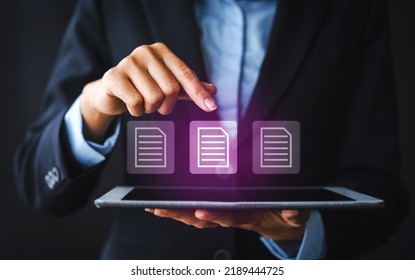 Close up business woman touching on files icon, online documentation database digital file storage system software records keeping database technology file access doc sharing.