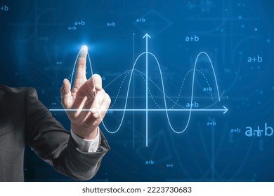 Close up of businessman finger pointing at abstract glowing mathematical formula graph on blue background. Equation, digital data and mathematics app concept