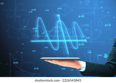 Close up of businessman hand holding cellphone with abstract glowing mathematical formula graph on blue background. Equation, digital data and mathematics app concept
