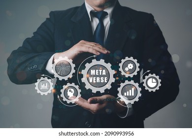 Close up of businessman hand holding to innovation, online communication, metaverse world, concept of futuristic meta technology.