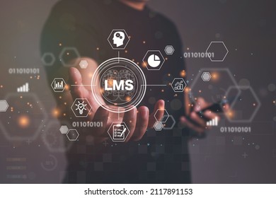 Close up of businessman hand holding to LMS - Learning Management System web icon for lesson and online education, course, application, study, e learning, knowledge everywhere and every time.