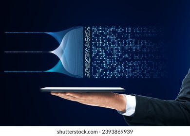 Close up of businessman hand holding mobile phone with abstract glowing big data hologram with binary code on dark background. Stream information, filtering machine algorithm concept - Powered by Shutterstock