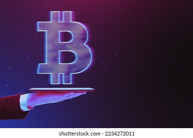 Close up of businessman hand holding smartphone with glowing digital bitcoin hologram on dark purple background with mock up place. Cryptocurrency and finance concept - Powered by Shutterstock