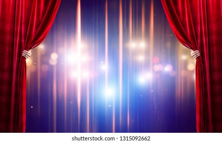 Close Up Of Businessman Hand Open Red Velvet Curtain Of Stage