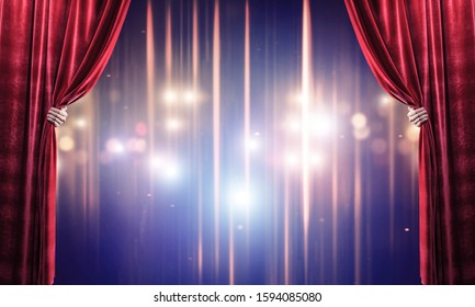 Close Up Of Businessman Hand Open Red Velvet Curtain Of Stage