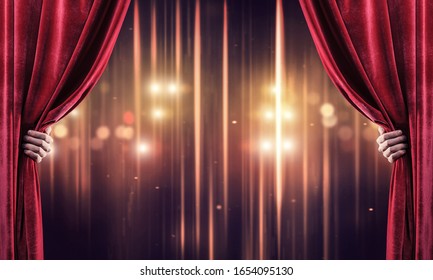 Close Up Of Businessman Hand Open Red Velvet Curtain Of Stage